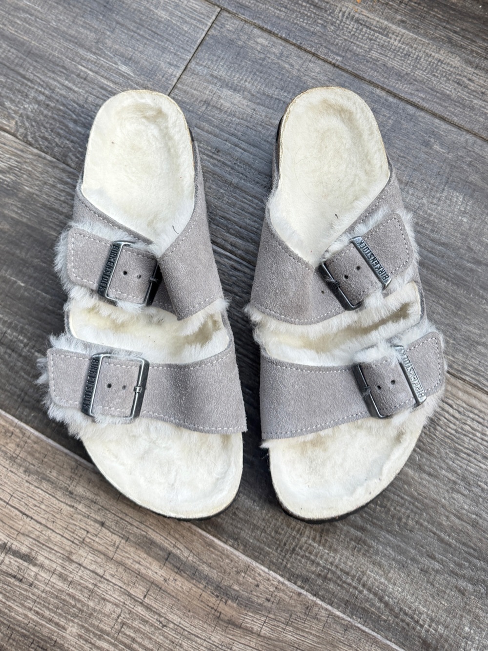 Birkenstock Taupe Suede Fur-Lined Arizona Sandals